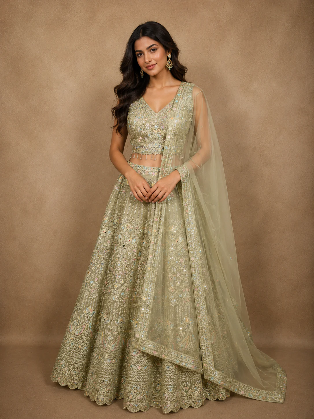 Muted Celadon Sage Green Floral Embroidered and Stone Embellished Design Net Lehenga With Net Dupatta